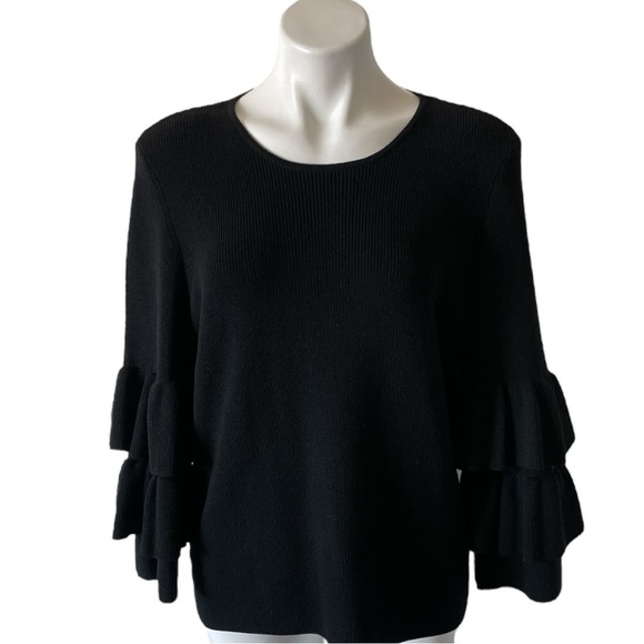 J. McLaughlin Italian Merino Wool Sweater Tiered Ruffle Sleeve Black Large - Picture 1 of 12